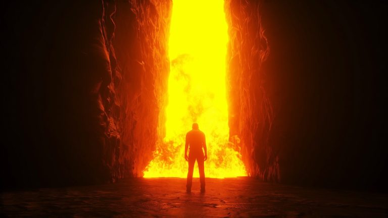 Sinner. A lonely sinfull man stands in front of a hell gates. Hell fire. Religious concept. 3d rendering.