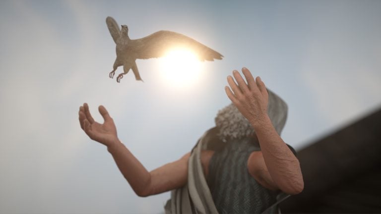 Bible story Noah releases a dove in the middle of a flood 3d render illustration