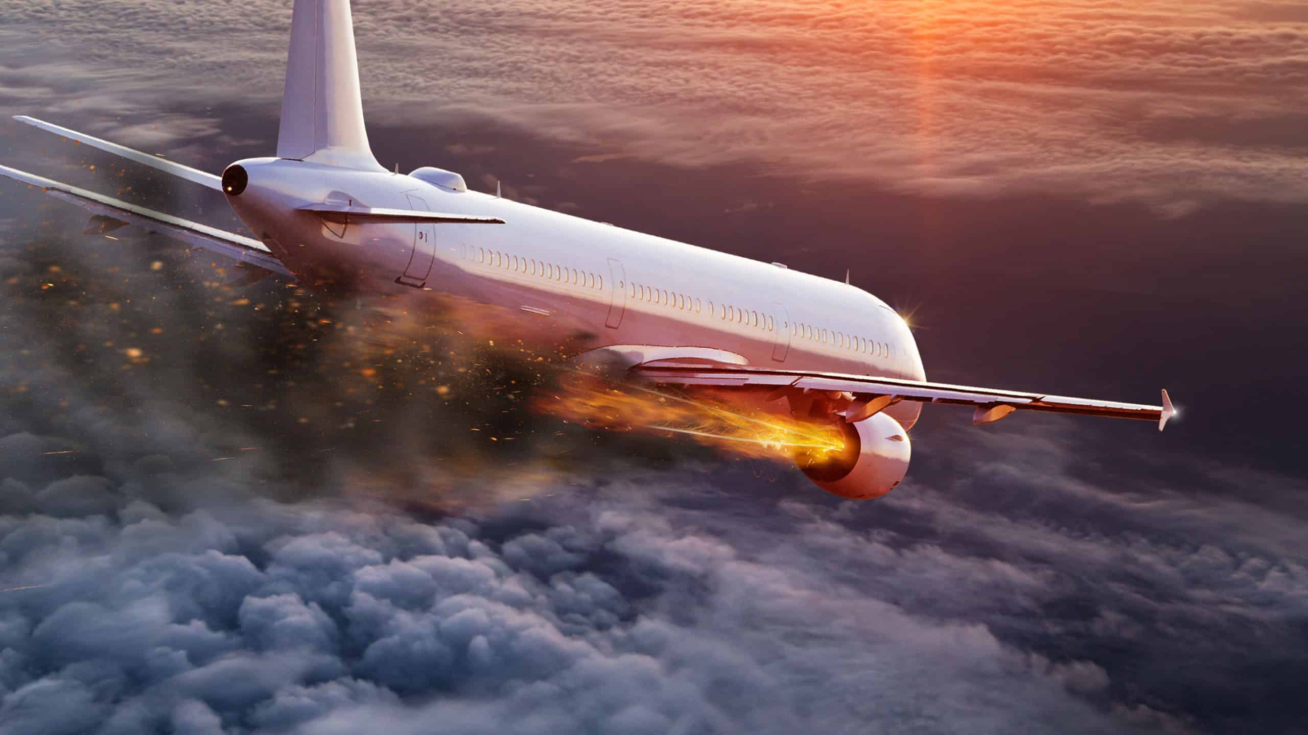 Commercial airplane with engine on fire, concept of aerial disaster.