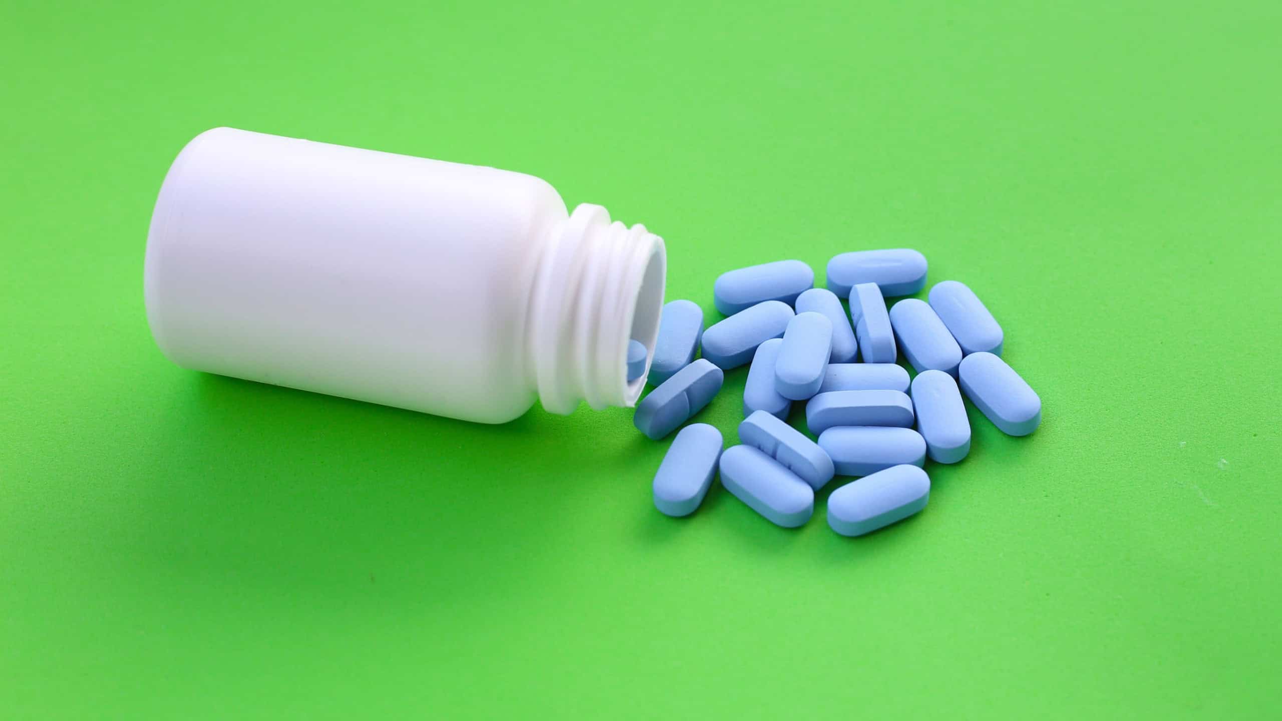 Blue PrEP pills, used for HIV prevention.