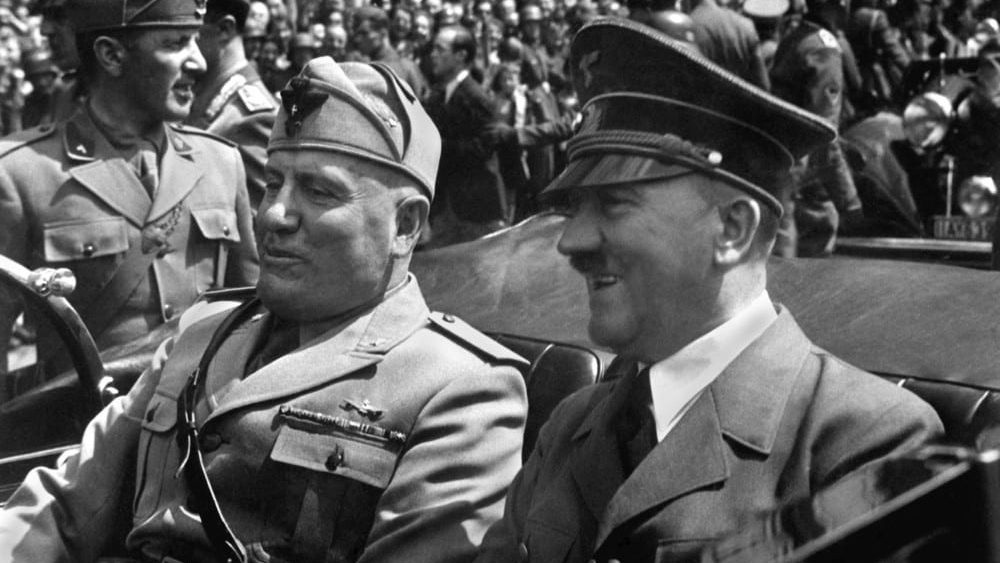Hitler and Mussolini in Munich, Germany, June 18, 1940. Hitler was at a high point, as his army accomplished a string of victories and was completing its conquest of continental Western Europe.